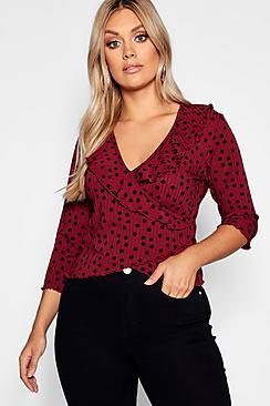 Boohoo Plus Ruffle Polka Dot Top