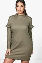 Boohoo Plus Molly Ribbed Frill Shoulder Shift Dress