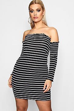 Boohoo Plus Lottie Off The Shoulder Stripe Bodycon Dress