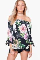 Boohoo Eva Dark Floral Off The Shoulder Tie Sleeve Top Multi