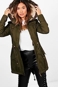 Boohoo Nicole Parka With Faux Fur Trim Hood