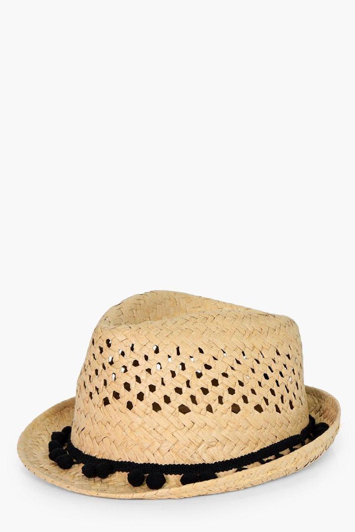 Boohoo Arabella Pom Pom Trim Trilby Natural