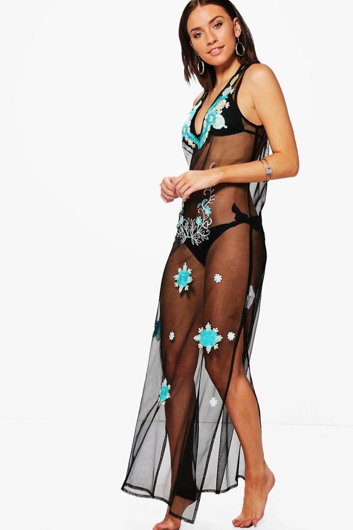 Boohoo Isla Boutique Embroidered Maxi Beach Dress Black