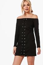 Boohoo Maya Off The Shoulder Lace Up Sweat Dress