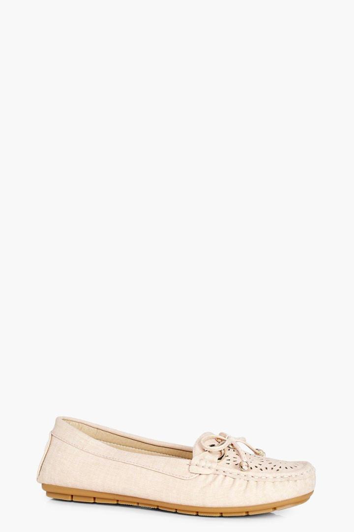Boohoo Georgia Lazer Cut Bow Trim Loafer Nude