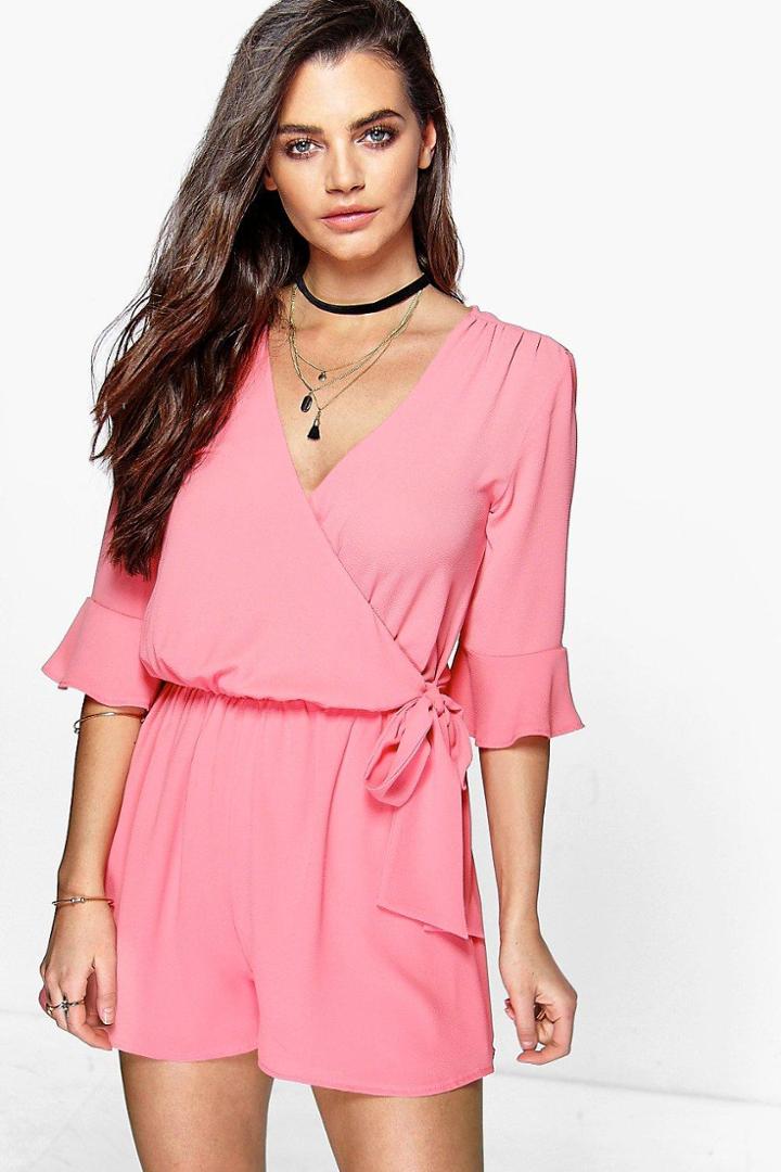 Boohoo Emma Frill Sleeve Wrap Front Playsuit Blush