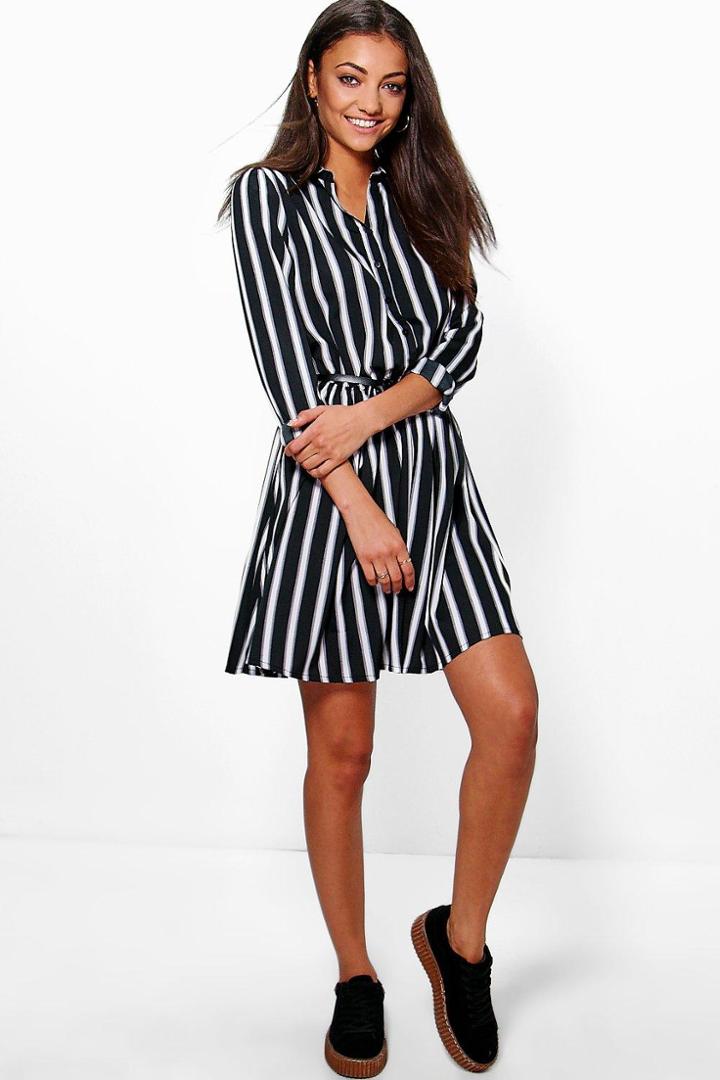 Boohoo Tall Lisa Woven Stripe Belt Shirt Dress Multi