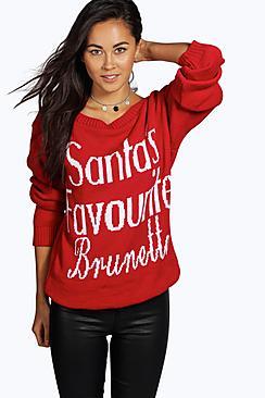 Boohoo Ruby Santa's Favourite Brunette Slash Neck Christmas Jumper