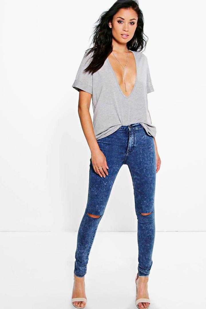 Boohoo Lara High Rise Acid Wash Knee Slit Skinny Jeans Blue