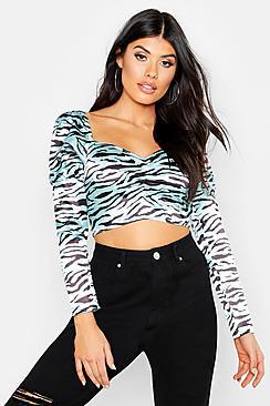Boohoo Woven Zebra Peasant Crop
