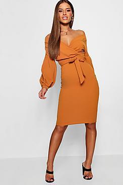 Boohoo Petite Off The Shoulder Wrap Midi Dress