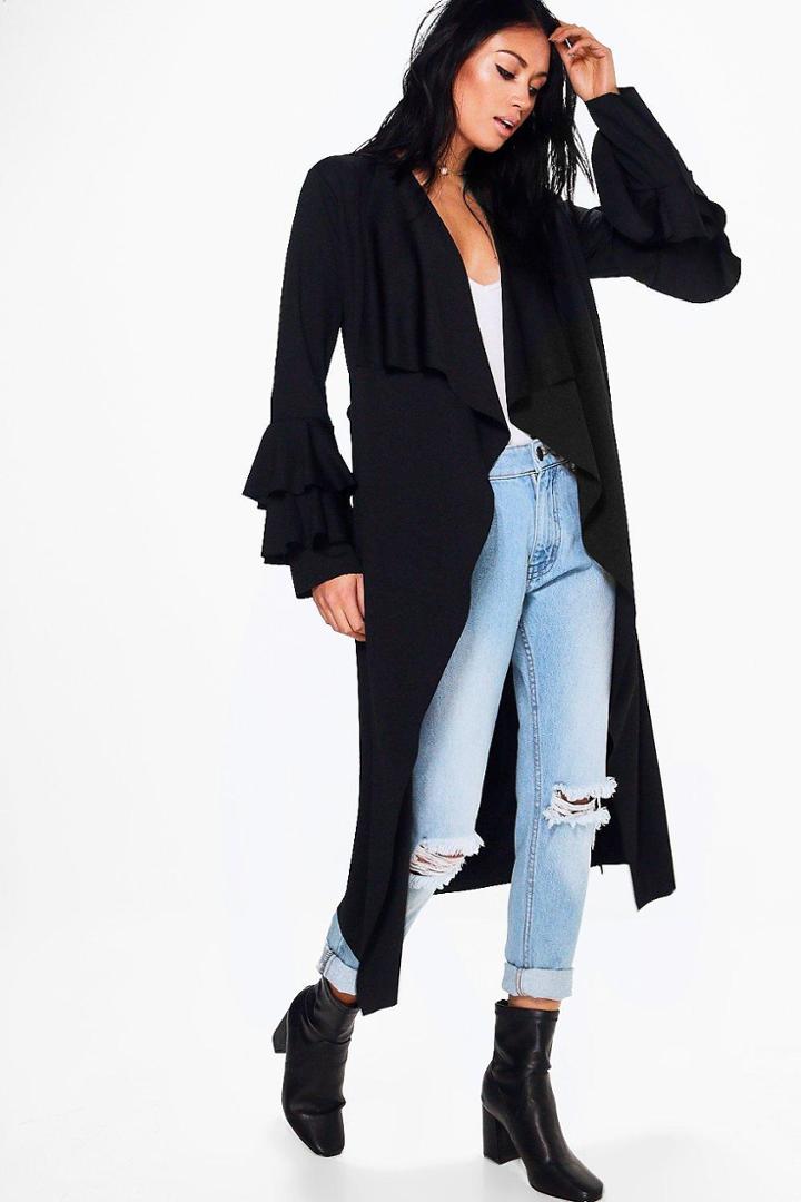 Boohoo Katie Ruffle Sleeve Belted Duster Black