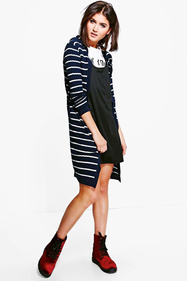 Boohoo Savannah Stripe Longline Hooded Cardigan Navy