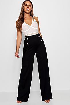 Boohoo Petite Button Detail Wide Leg Trousers