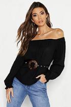 Boohoo Oversized Wood Effect Buckle Ruched Bardot Top