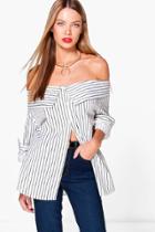 Boohoo Charlotte Striped Bardot Shirt White