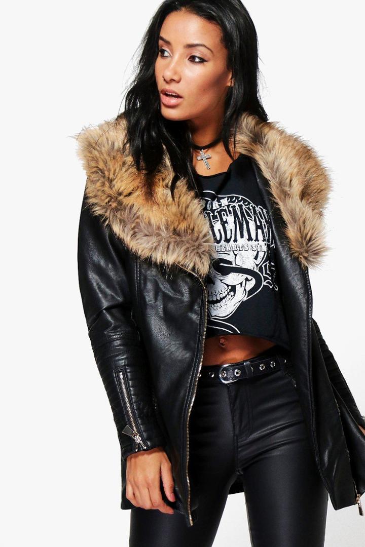 Boohoo Charlotte Faux Fur Collar Pu Jacket Black