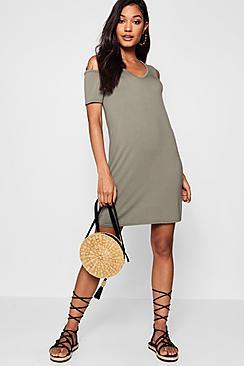 Boohoo Basic V Neck Cold Shoulder Swing Dress