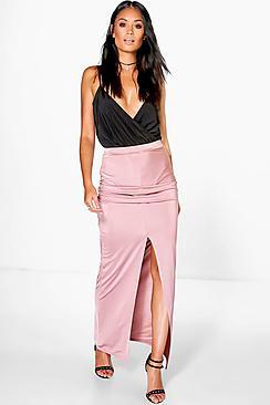 Boohoo Naomi Knot Split Front Slinky Maxi Skirt