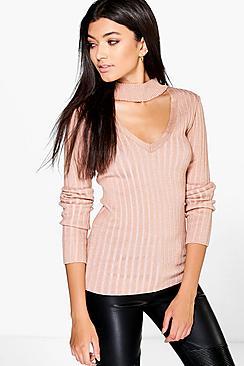 Boohoo Lily Rib Knit Choker Jumper