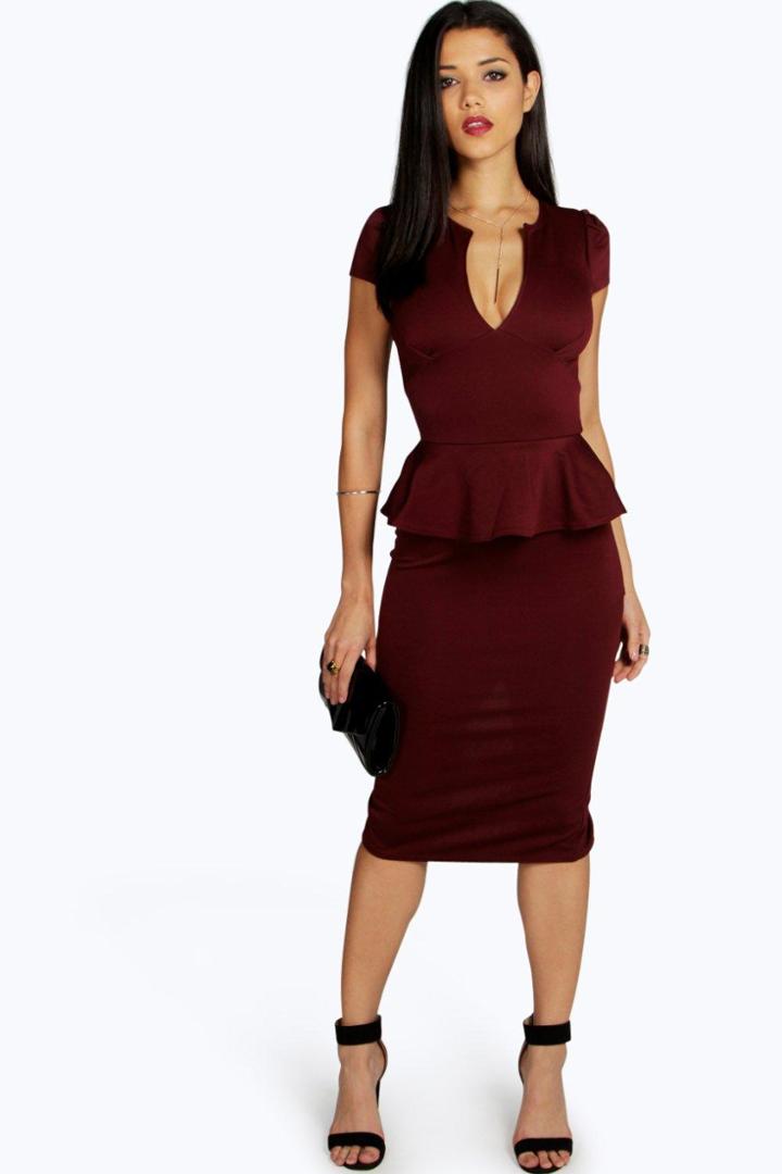 Boohoo Emily Slit Neck Cap Sleeve Peplum Midi Dress Berry