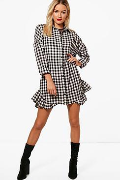 Boohoo Vera Gingham Ruffle Hem Shirt Dress