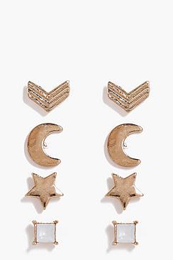 Boohoo Amy Star And Moon Mixed Studs 4 Pack Earrings