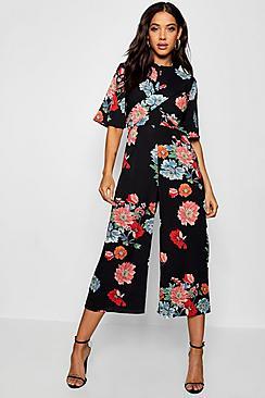 Boohoo Large Floral Twist Front Jumpsuit