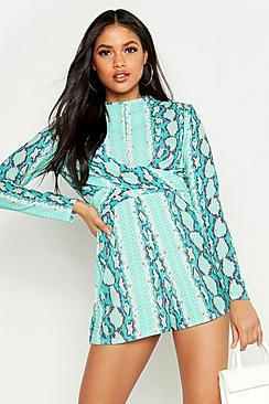 Boohoo Tall Snake Print Twist Front Playsuit