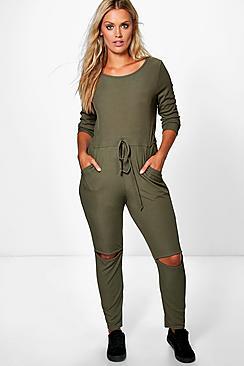 Boohoo Jordyn Split Knee Rib Jumpsuit