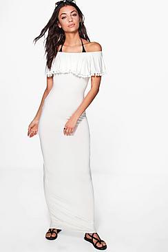 Boohoo Tall Iya Pom Pom Off The Shoulder Beach Maxi Dress