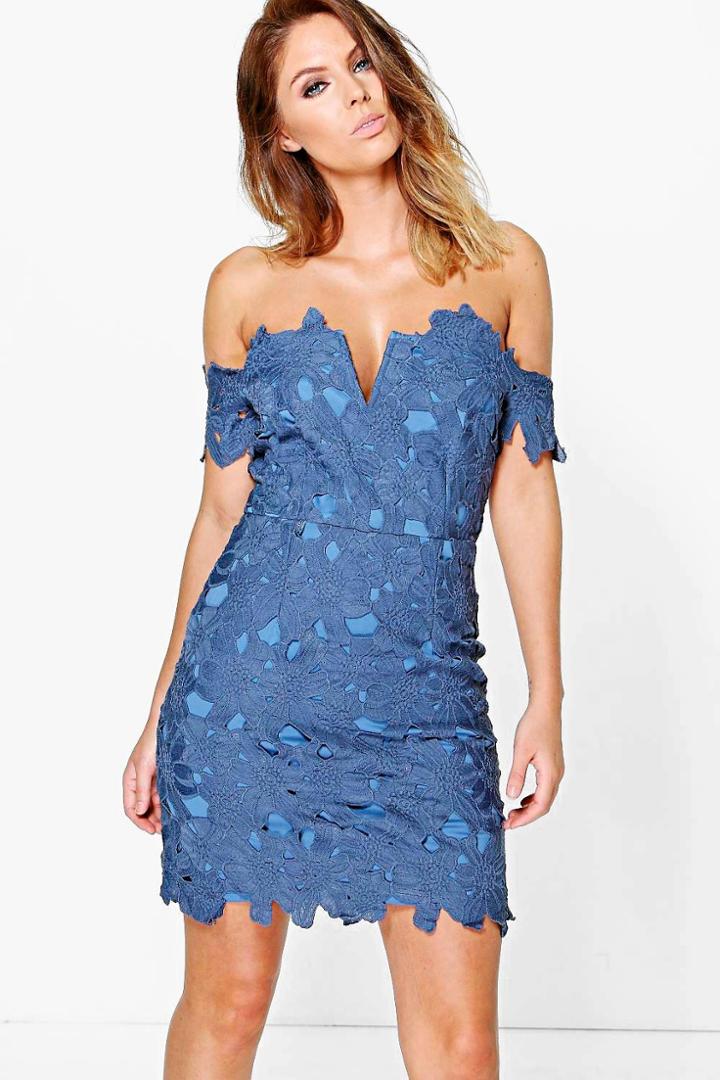 Boohoo Boutique Sal Crochet Bodycon Dress Blue