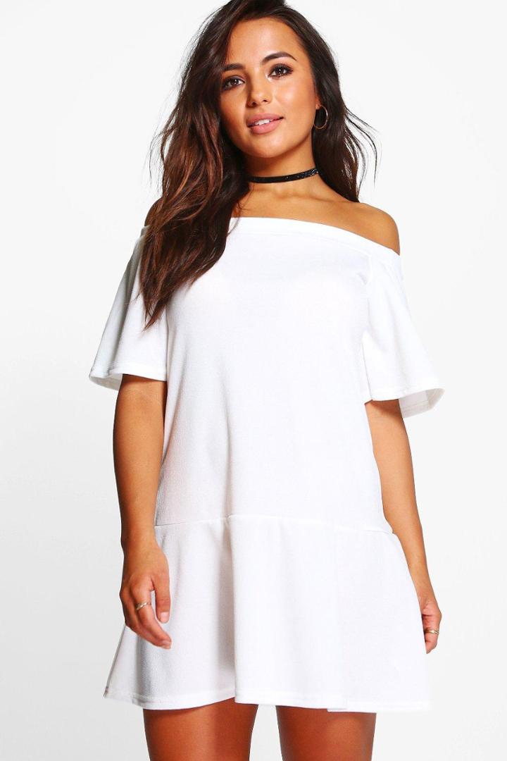 Boohoo Petite Georgette Drop Hem Off The Shoulder Dress Ivory