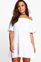 Boohoo Petite Georgette Drop Hem Off The Shoulder Dress Ivory