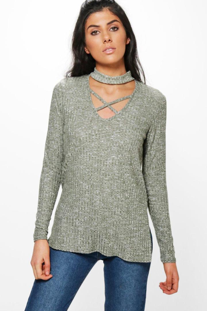 Boohoo Rosey Ribbed Strappy Choker Tee Khaki