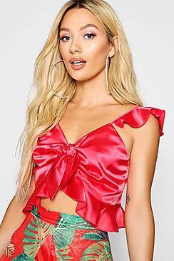Boohoo Paris Hilton Ruffle Satin Crop Top
