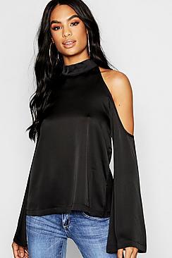 Boohoo Tall Hammered Satin Cold Shoulder Blouse