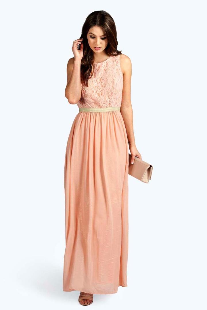 Boohoo Boutique Zaynah Metallic Lace Detail Chiffon Maxi Dress Blush
