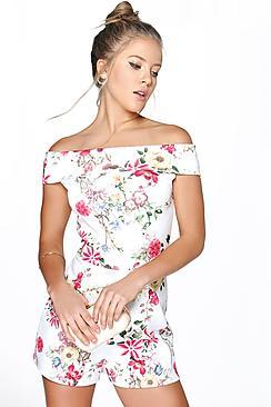 Boohoo Lola Bardot Off The Shoulder Floral Playsuit