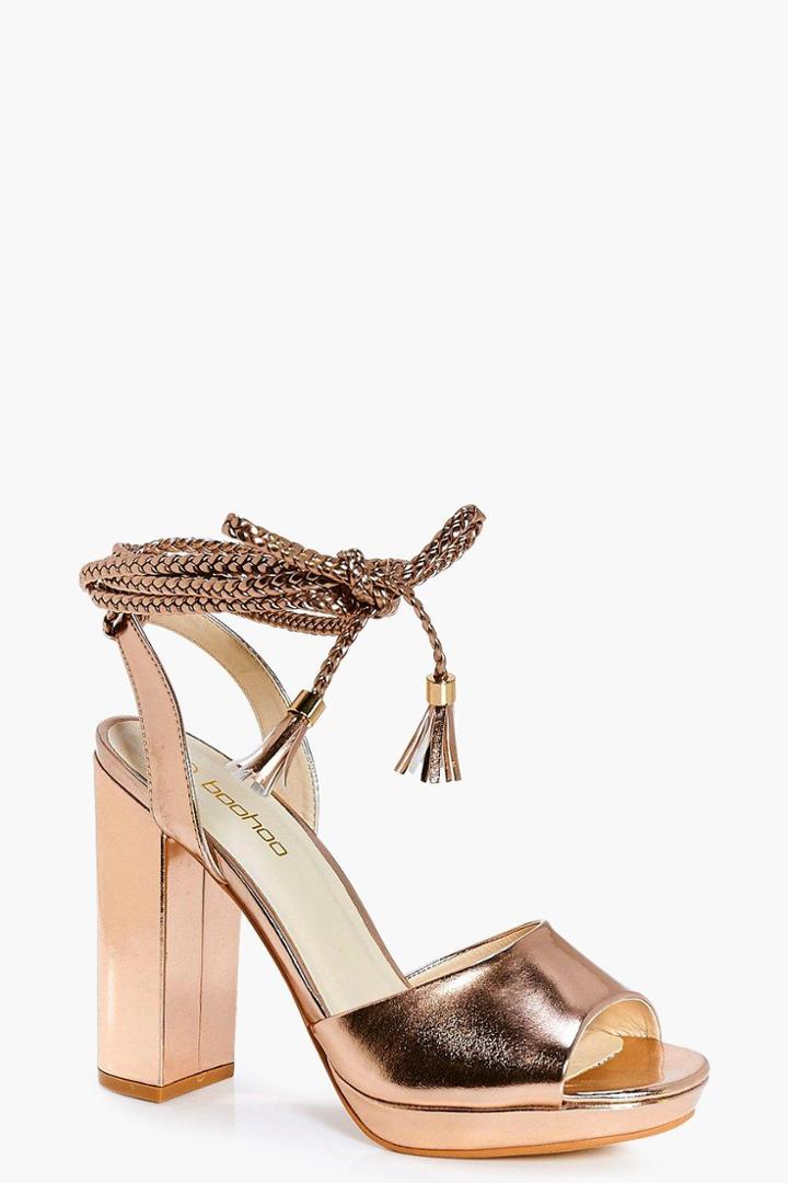 Boohoo Robyn Metallic Plaited Wrap Strap Platform Rose