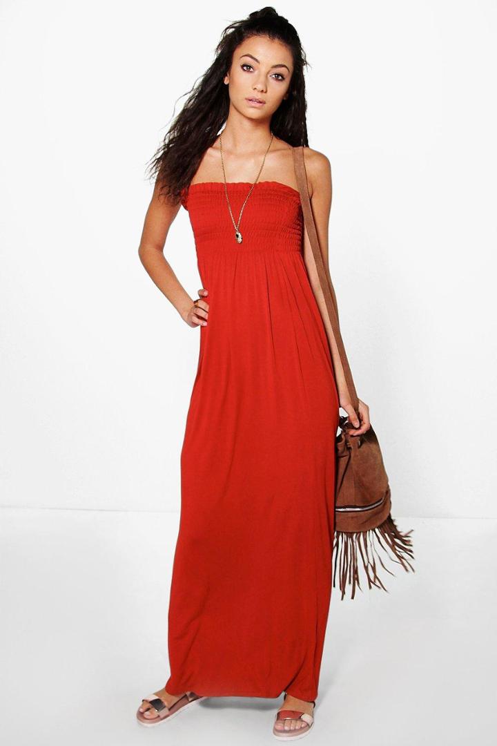 Boohoo Tall Ivy Shirred Bandeau Maxi Dress Chestnut