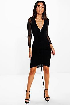 Boohoo Kim Sheer Mesh Rouched Detail Bodycon Dress