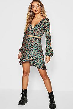 Boohoo Leopard Print Wrap Top + Skirt Co-ord