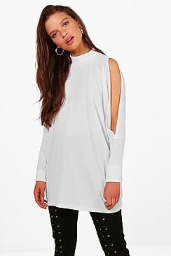 Boohoo Ivy High Neck Cold Shoulder Batwing Top