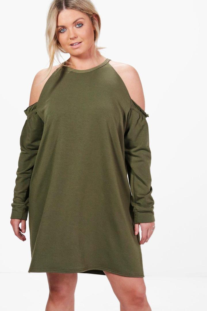 Boohoo Plus Juliette Open Shoulder Sweat Dress Khaki