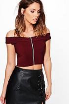 Boohoo Ivy Ribbed Zip Through Bardot Top