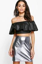 Boohoo Erin Metallic Thread Crepe Off The Shoulder Top Black