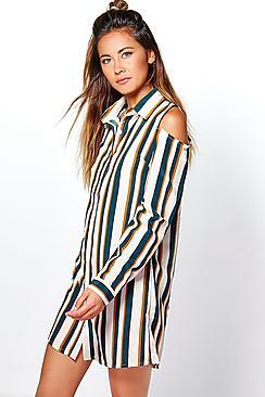 Boohoo Suki Cold Shoulder Stripe Shirt Dress