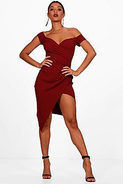 Boohoo Pia Off The Shoulder Wrap Detail Midi Dress