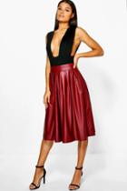 Boohoo Tia Bow Detail Leather Look Midi Skirt Berry